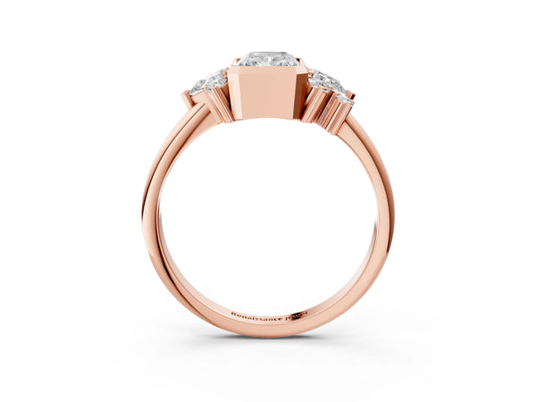 Rose Gold Radiant Cut Bezel Engagement Ring Setting with Pear and Round Side Stone Clusters
