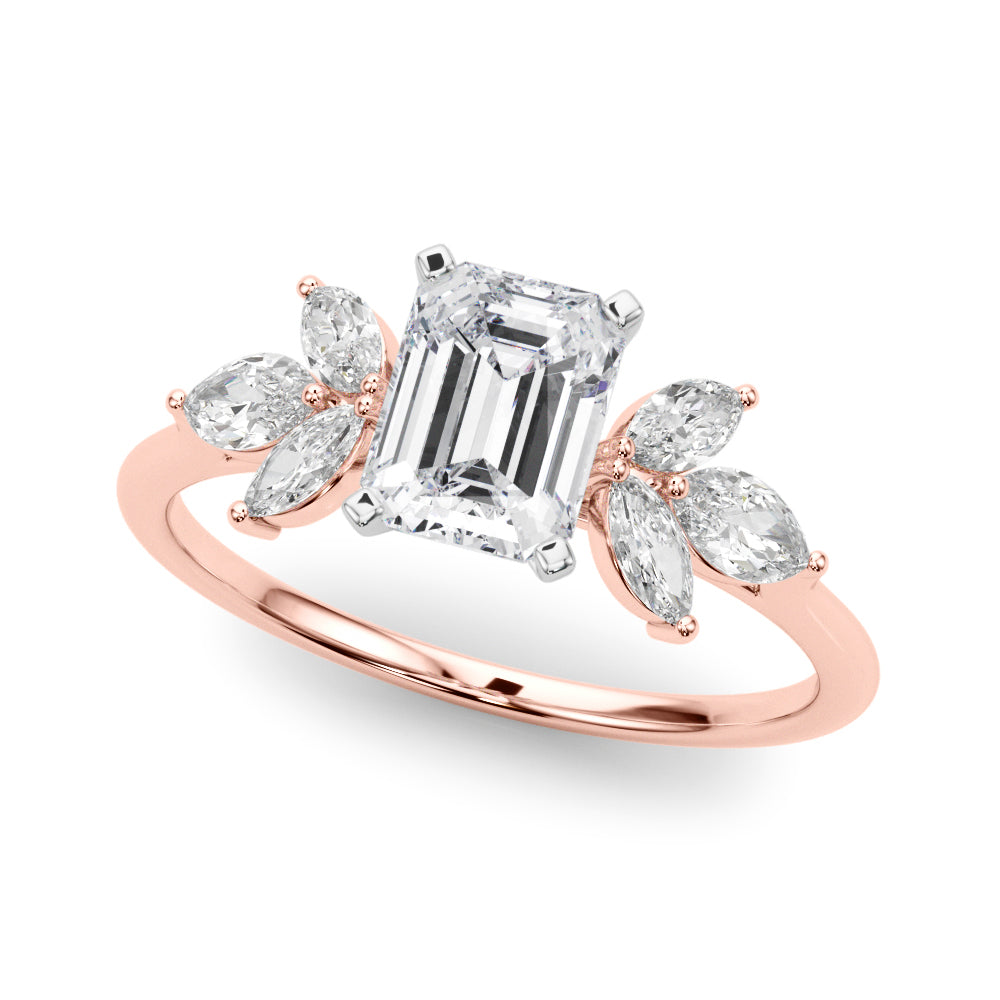 Rose gold Radiant Diamond Floral Cluster Ring with Marquise Side Stones and Six-Prong Solitaire Setting 2