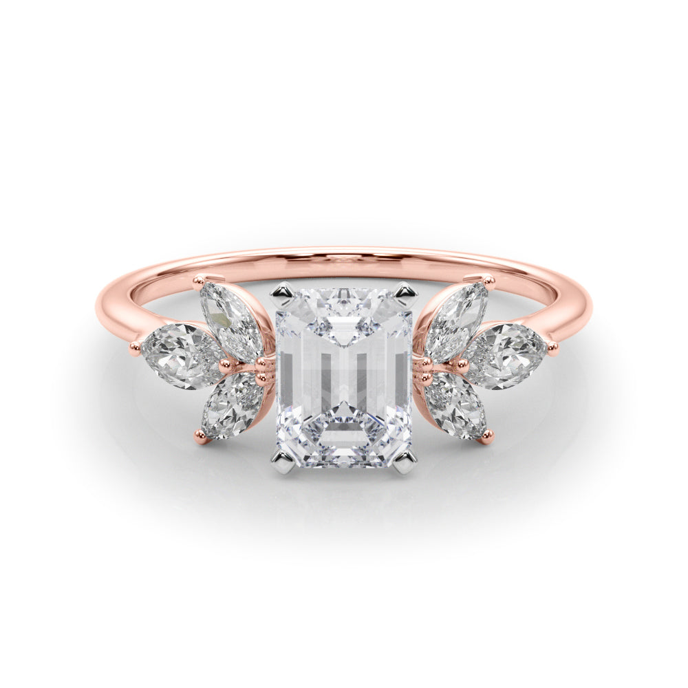 Rose gold Radiant Diamond Floral Cluster Ring with Marquise Side Stones and Six-Prong Solitaire Setting