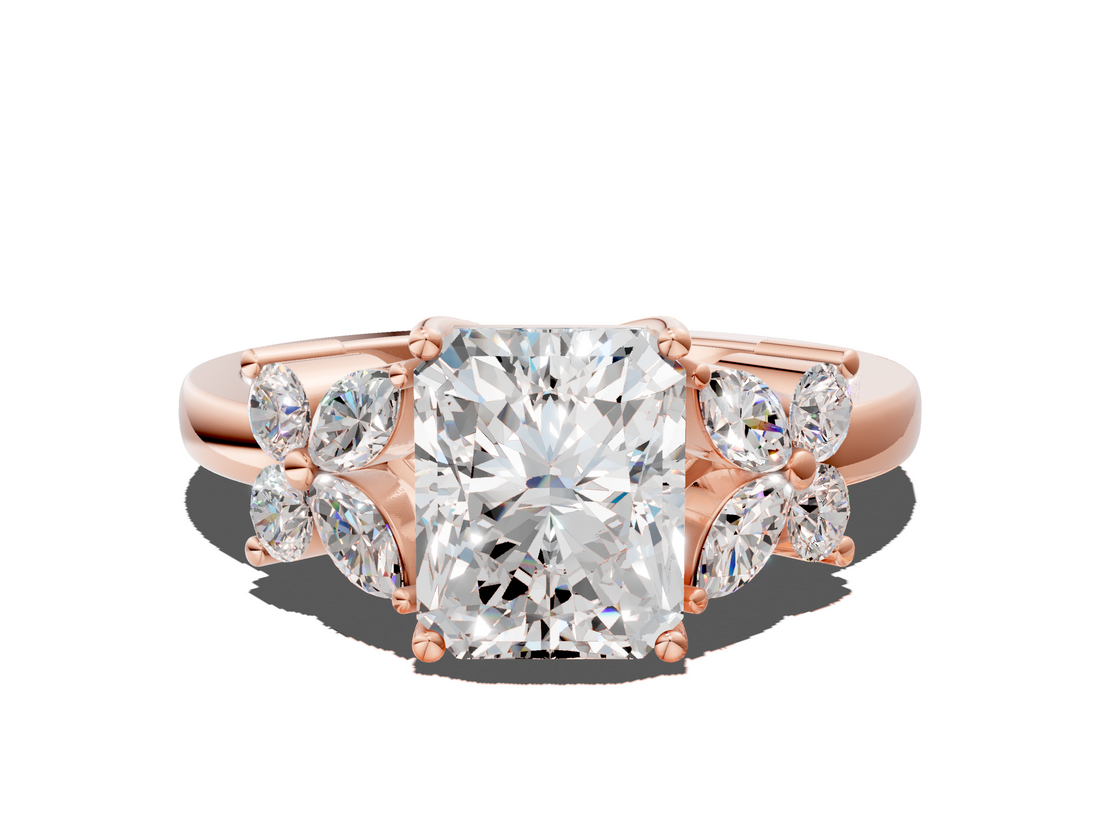 Rose gold Radiant Diamond Floral Cluster Ring with Solitaire Band and Prong Setting_55