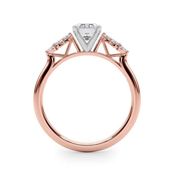 Rose gold Emerald Diamond Floral Side Stone Solitaire with Marquise Accents and Four-Prong Setting