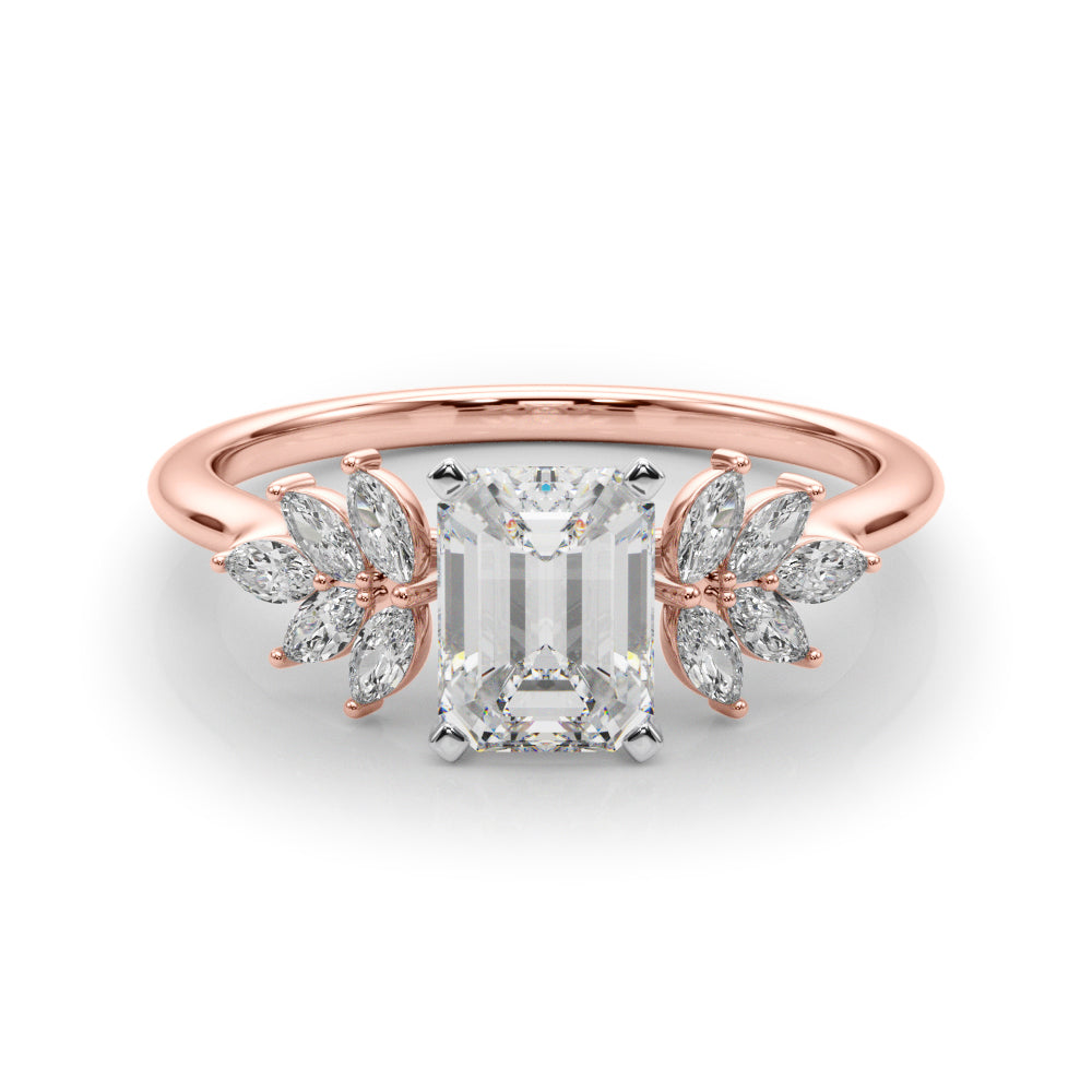 Rose gold Radiant Diamond Floral Side Stone Solitaire with Marquise Accents and Four-Prong Setting