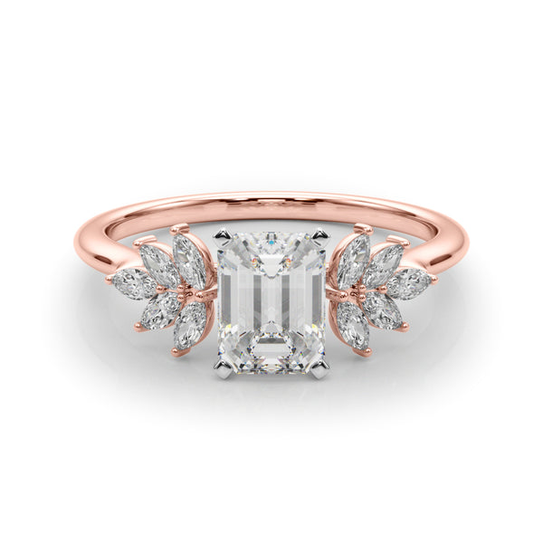 Rose gold Emerald Diamond Floral Side Stone Solitaire with Marquise Accents and Four-Prong Setting