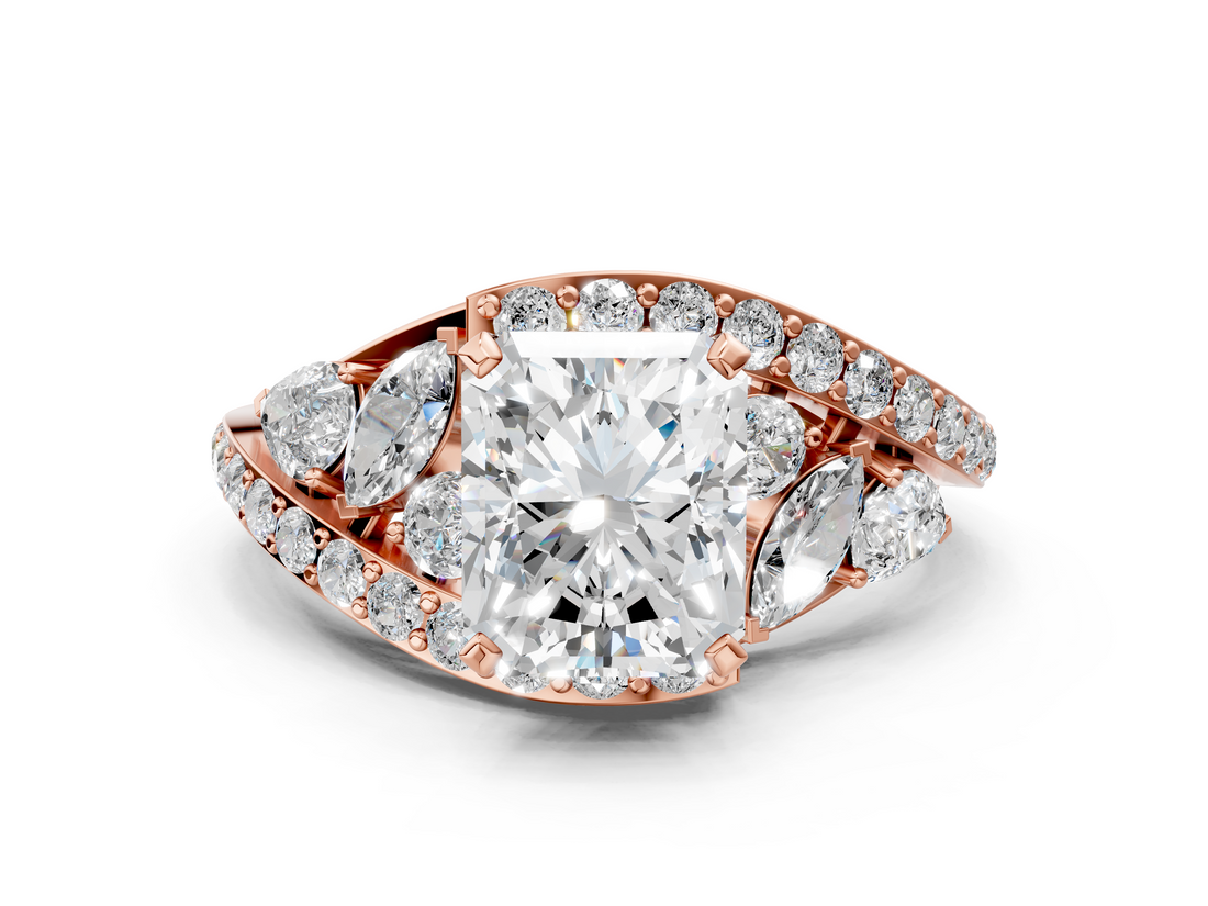 Rose gold Radiant Diamond Halo Ring with Marquise and Pavé Band in Prong Setting_112