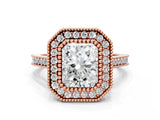 Rose gold Radiant Diamond Halo Ring with Milgrain Frame and Pavé Band