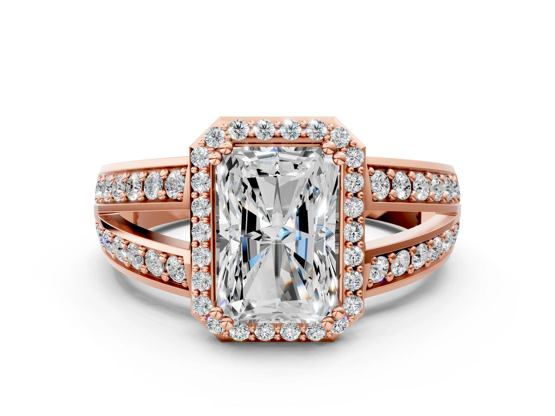 Rose gold Radiant Diamond Halo Ring with Split Shank Pavé Band and Four-Prong Setting_6