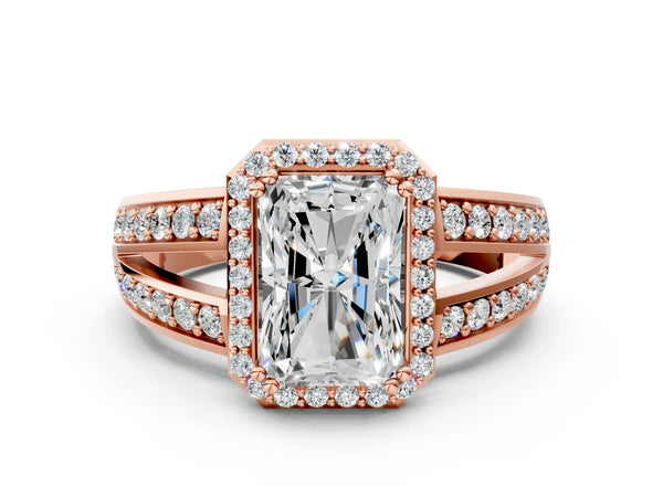 Rose Gold Radiant Cut Pave Halo Split Shank Engagement Ring Setting