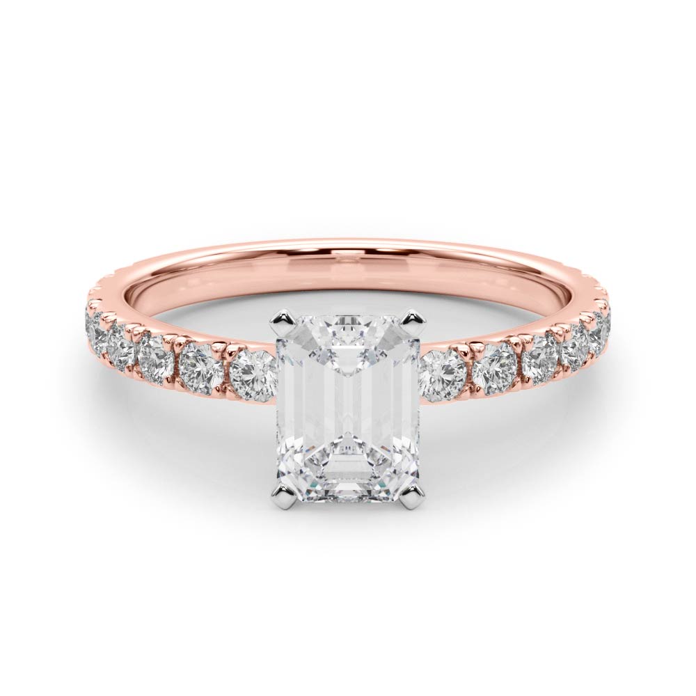 Rose gold Radiant Diamond Pavé Band Solitaire with Four-Prong Setting