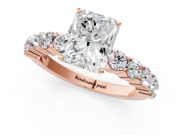 Rose gold Radiant Diamond Solitaire Ring with Shared Prong Round Side Stones