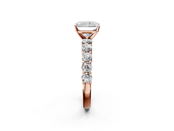 Rose gold Radiant Diamond Solitaire Ring with Shared Prong Round Side Stones
