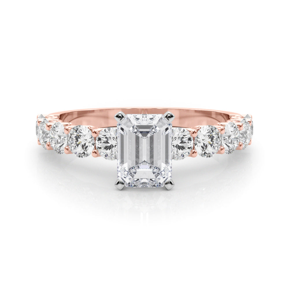 Rose gold Radiant Diamond Prong Setting with Side Stones on a Pave Band