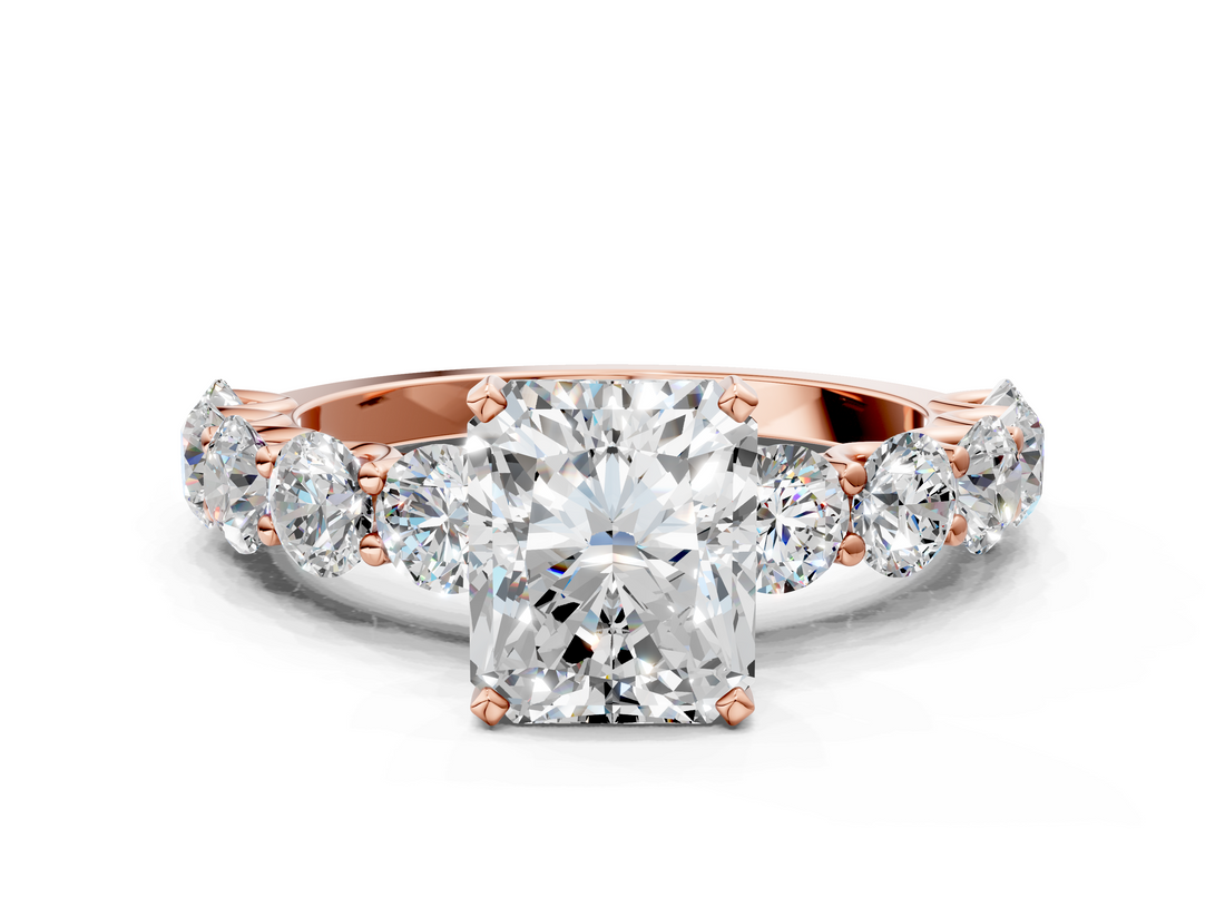 Rose gold Radiant Diamond Prong Setting with Side Stones on a Pave Band_155