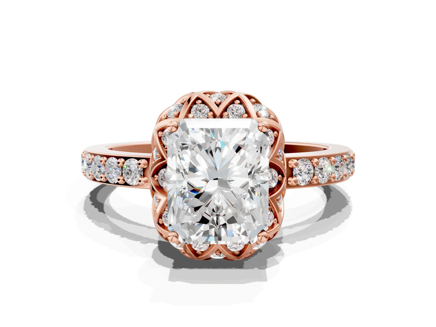 Rose gold Radiant Diamond Solitaire Ring with Shared Prong Pavé Band