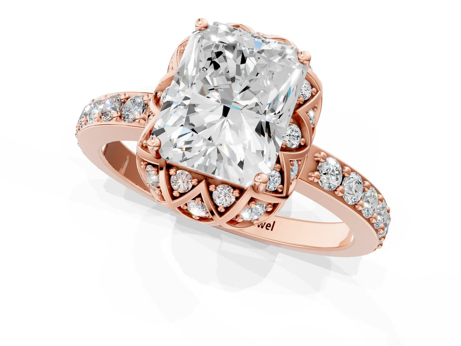 Rose gold Radiant Diamond Solitaire Ring with Shared Prong Pavé Band