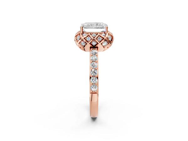 Rose gold Radiant Diamond Solitaire Ring with Shared Prong Pavé Band