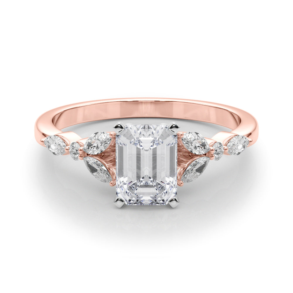 Rose gold Radiant Diamond Solitaire with Side Stones on a White Gold Band and Four-Prong Setting