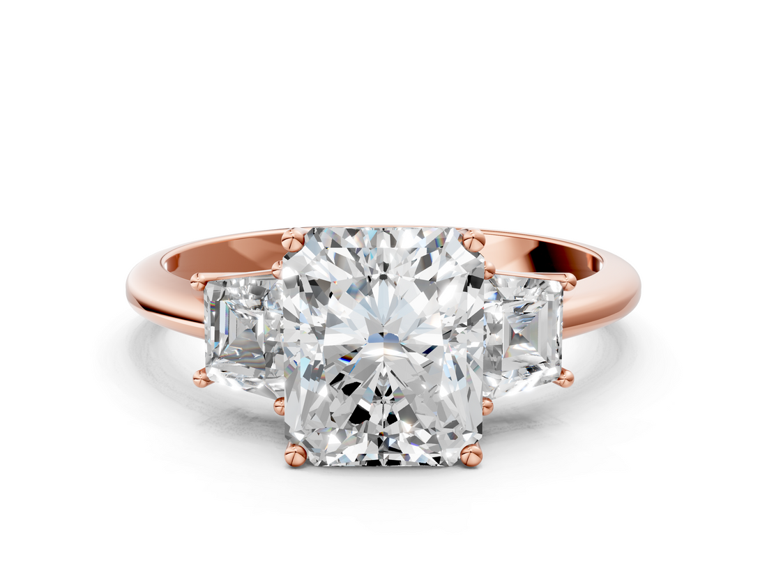Rose gold Radiant Diamond Three-Stone Ring with Trapezoid Side Stones and Prong Setting_22