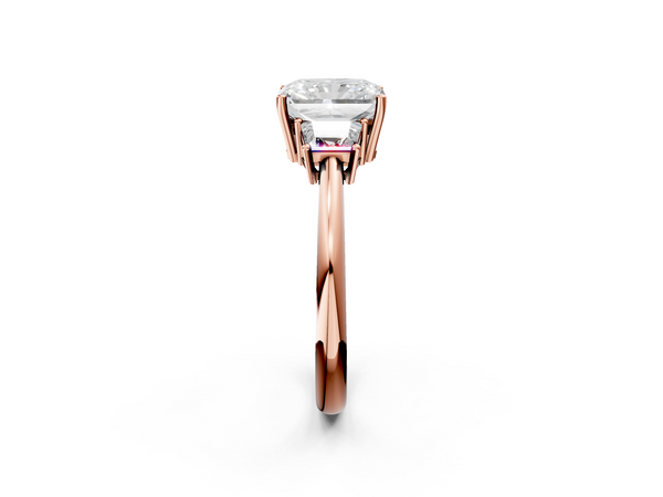 Rose Gold Radiant Cut Three Stone Engagement Ring Setting with Trapezoid Side Stones and Prong Head