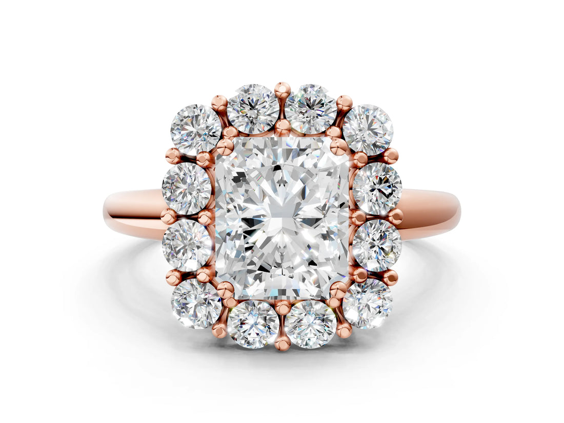 Rose gold Radiant Halo Cluster Diamond Engagement Ring with Prong Setting and Polished Band_99