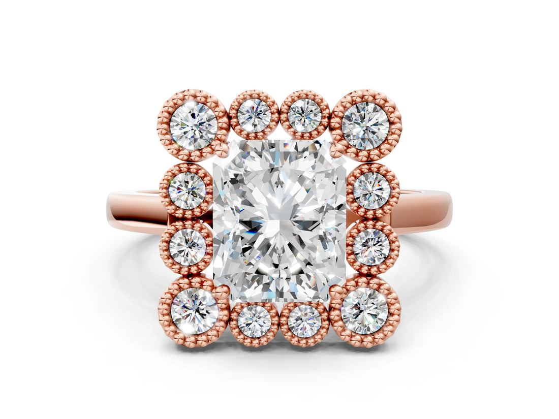 Rose gold Radiant Halo Diamond Cluster Engagement Ring with Milgrain Bezel Setting and Solitaire Band_75