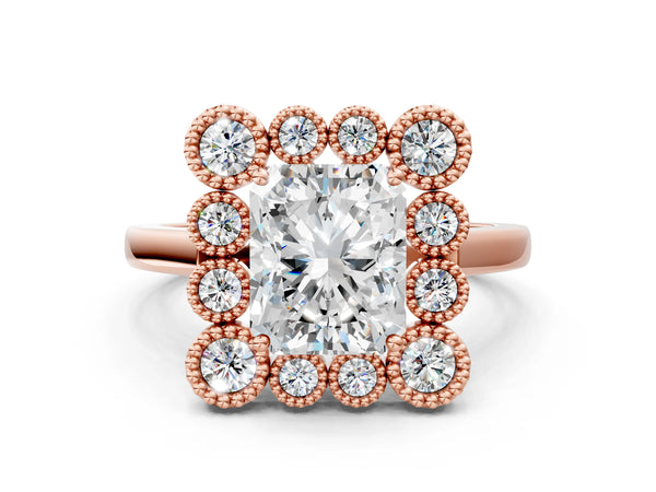 Rose gold Radiant Halo Diamond Cluster Engagement Ring with Milgrain Bezel Setting and Solitaire Band