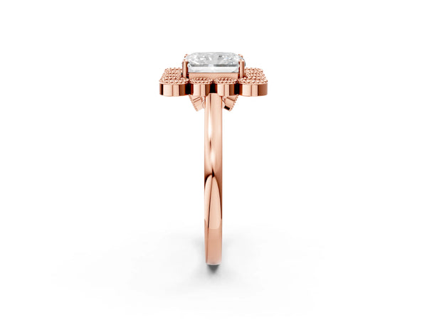 Rose gold Radiant Halo Diamond Cluster Engagement Ring with Milgrain Bezel Setting and Solitaire Band