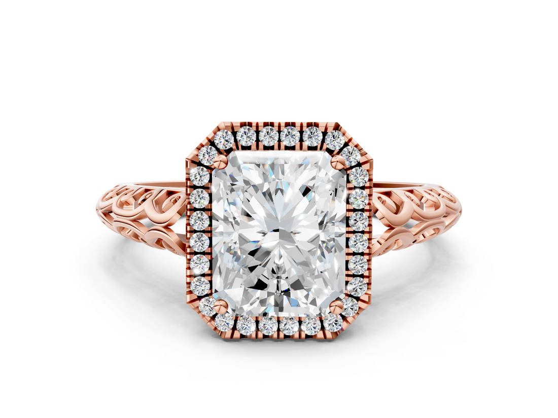 Rose gold Radiant Halo Diamond Engagement Ring with Intricate Filigree Band and Four-Prong Setting_53