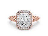 Rose gold Radiant Halo Diamond Engagement Ring with Intricate Filigree Band and Four-Prong Setting_53