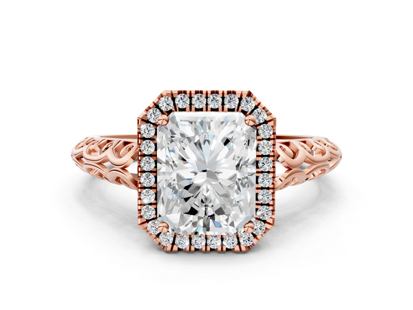 Rose gold Radiant Halo Diamond Engagement Ring with Intricate Filigree Band and Four-Prong Setting