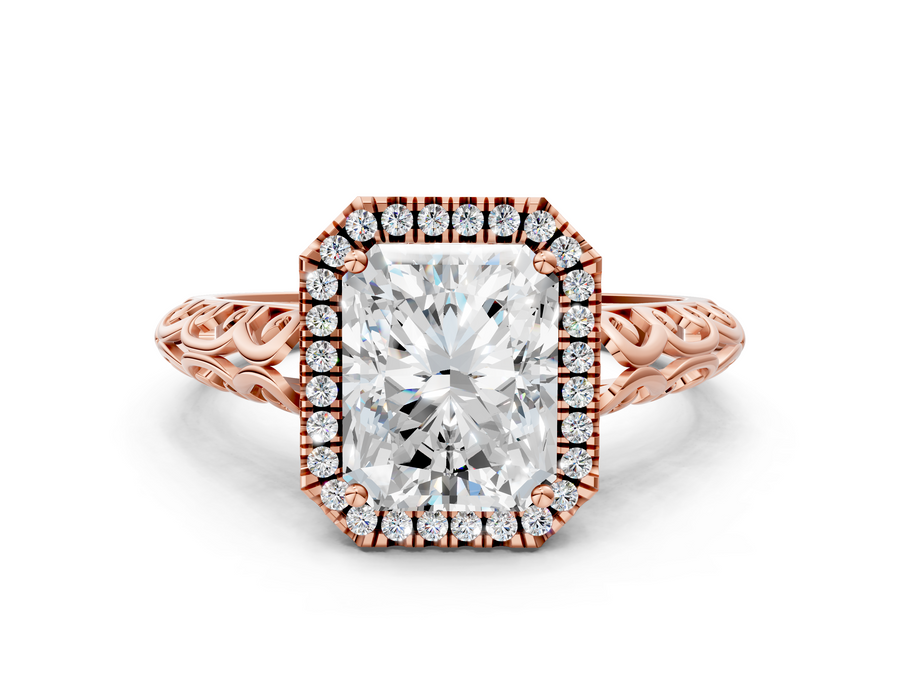 Rose gold Radiant Halo Diamond Engagement Ring with Intricate Filigree Band and Four-Prong Setting