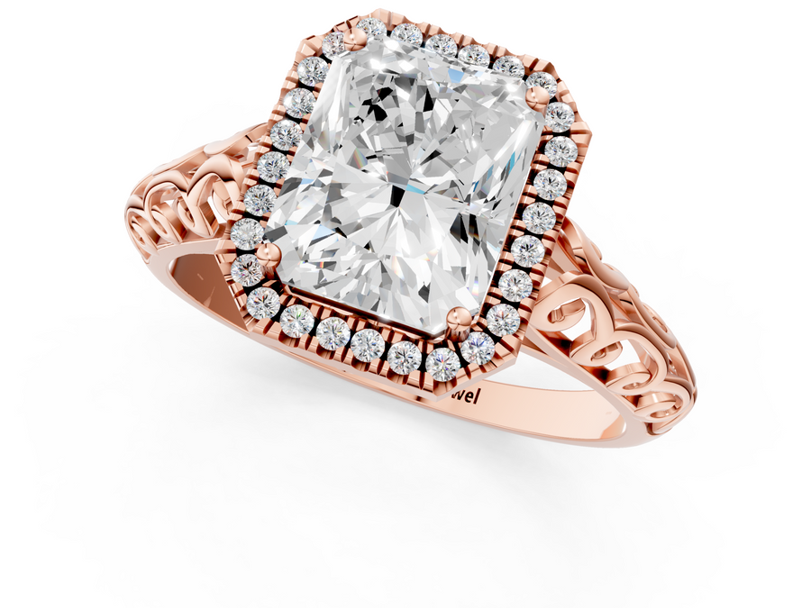 Rose gold Radiant Halo Diamond Engagement Ring with Intricate Filigree Band and Four-Prong Setting