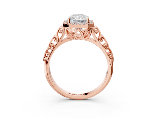 Rose gold Radiant Halo Diamond Engagement Ring with Intricate Filigree Band and Four-Prong Setting