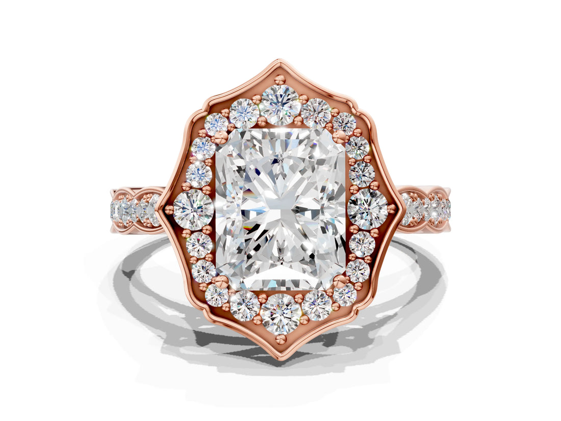 Rose gold Radiant Halo Diamond Engagement Ring with Milgrain Band and Four-Prong Setting_53
