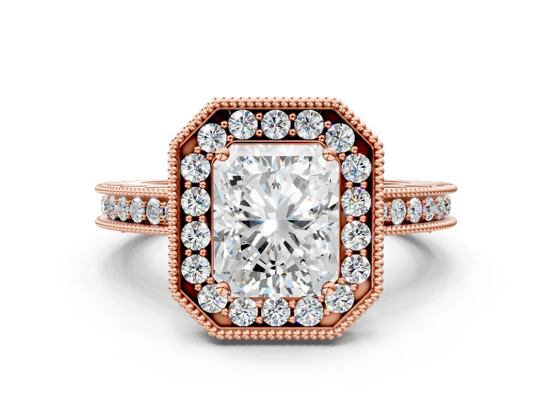 Rose gold Radiant Halo Diamond Engagement Ring with Milgrain Pave Band and Four-Prong Setting_46