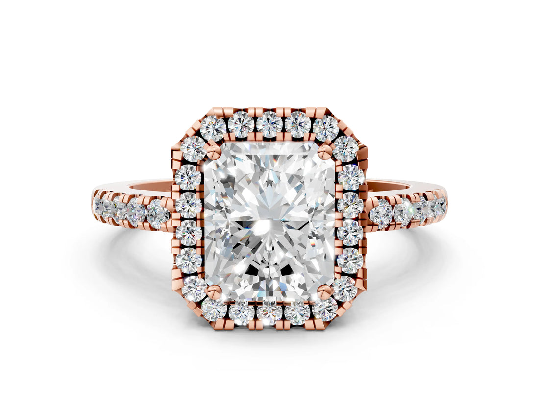 Rose gold Radiant Halo Diamond Engagement Ring with Pavé Band and Four-Prong Setting_135