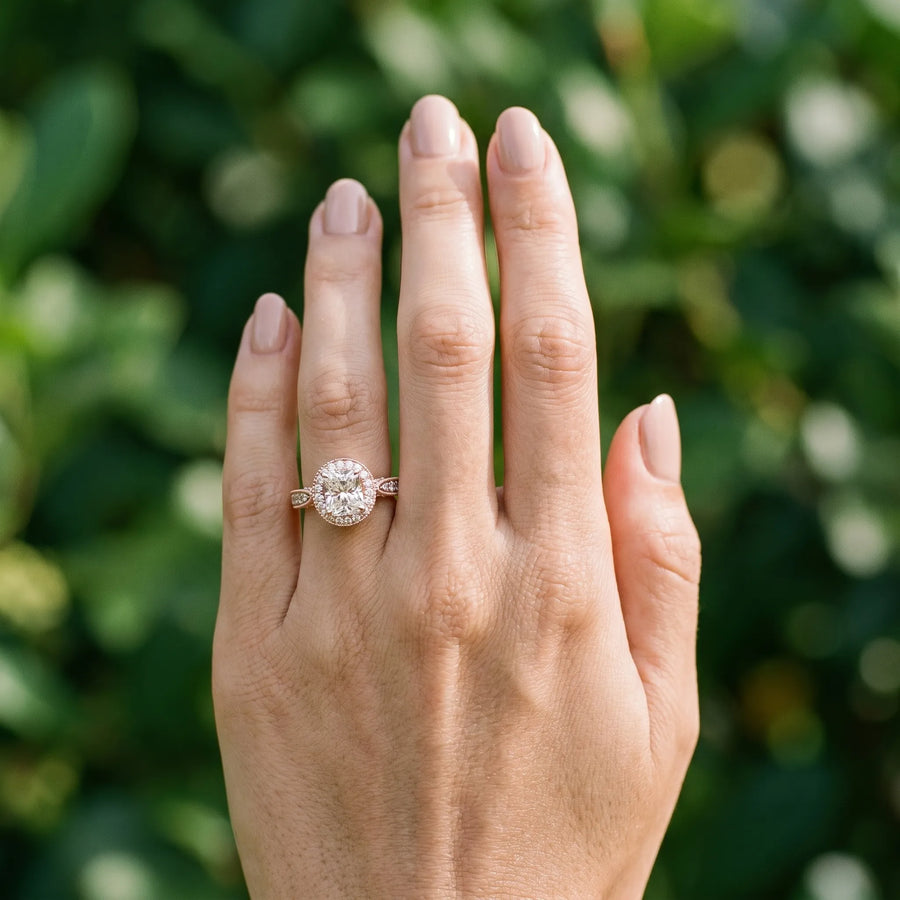 Rose gold Radiant Halo Diamond Engagement Ring with Split Shank Band and Four-Prong Setting