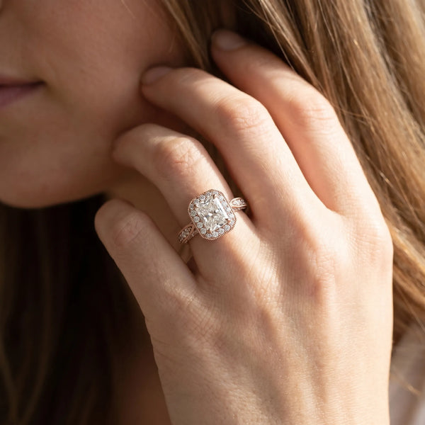 Rose gold Radiant Halo Diamond Engagement Ring with Split Shank Band and Four-Prong Setting