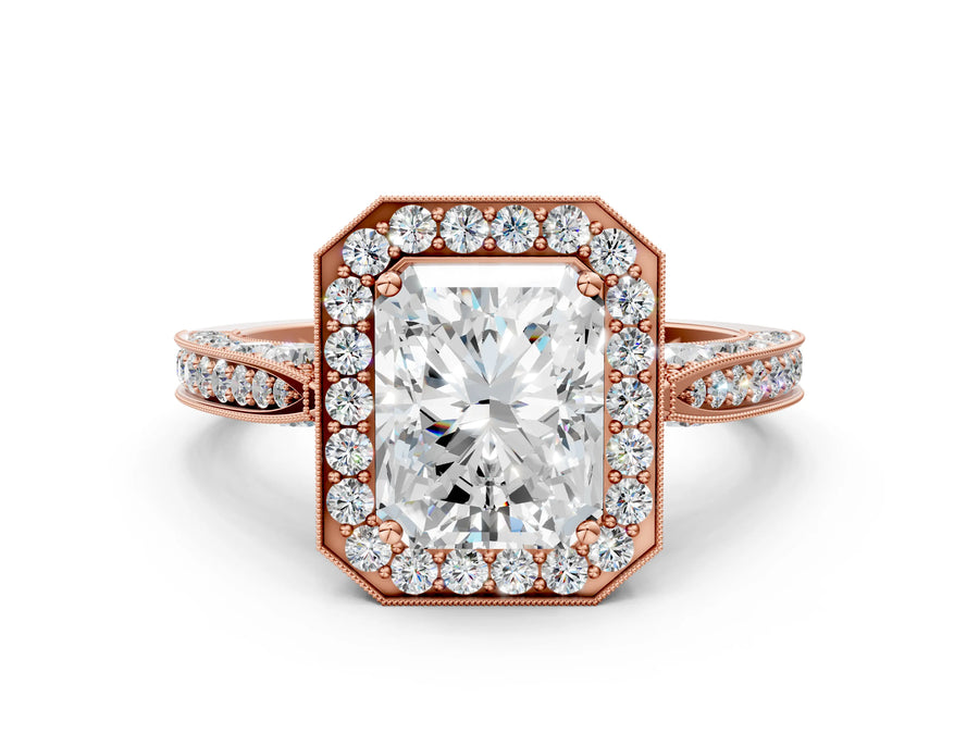 Rose gold Radiant Halo Diamond Engagement Ring with Split Shank Band and Four-Prong Setting