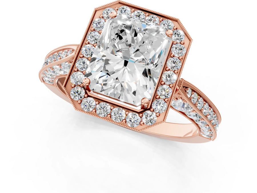 Rose gold Radiant Halo Diamond Engagement Ring with Split Shank Band and Four-Prong Setting