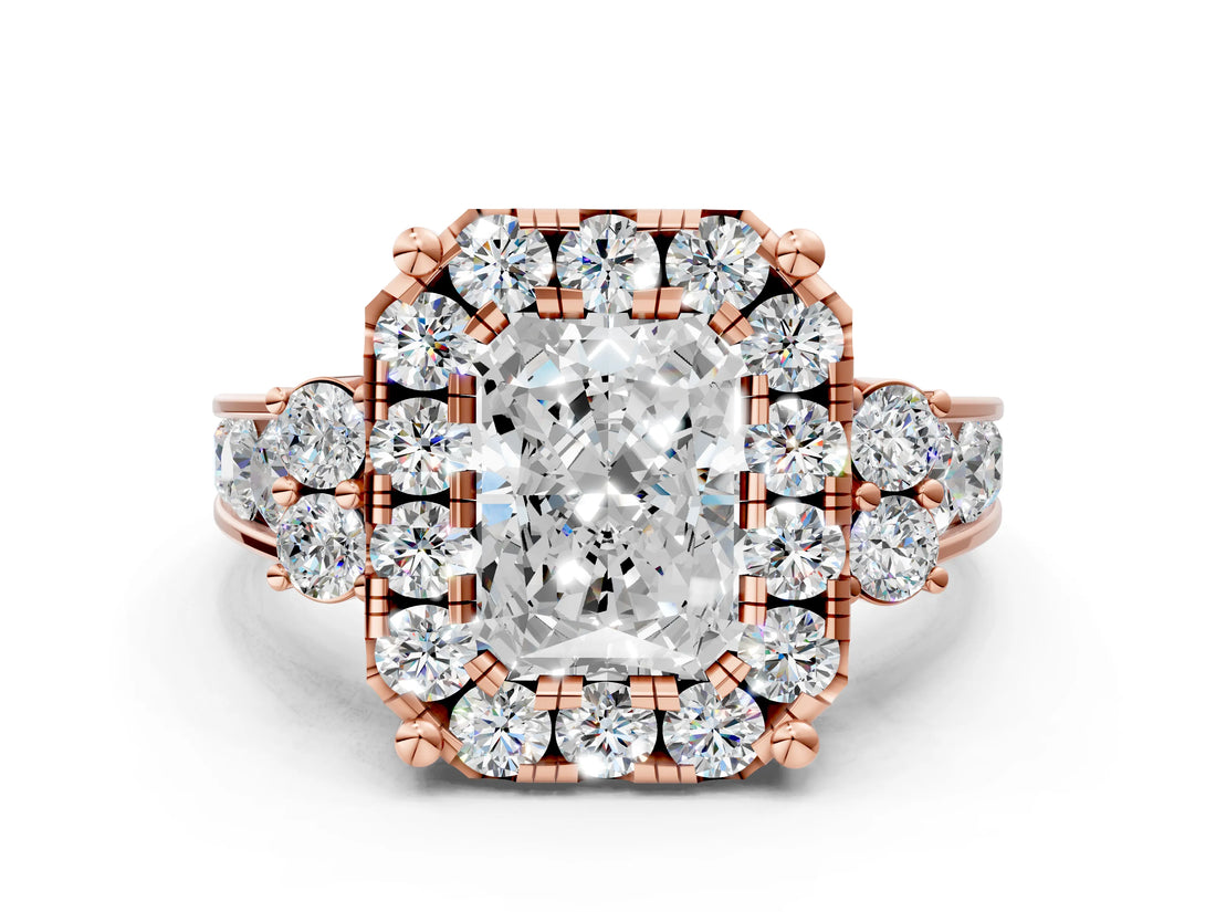Rose gold Radiant Halo Diamond Engagement Ring with Split Shank and Four-Prong Setting