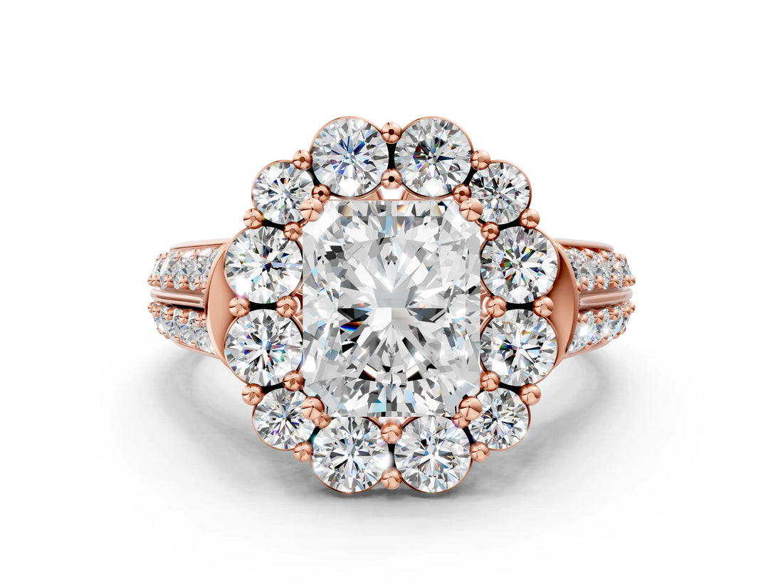 Rose gold Radiant Halo Diamond Engagement Ring with Split Shank and Prong Setting_66