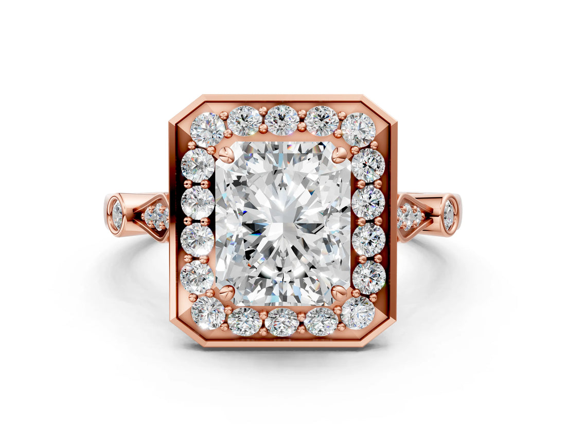 Rose gold Radiant Halo Diamond Engagement Ring with Twisted Band and Four-Prong Setting 1