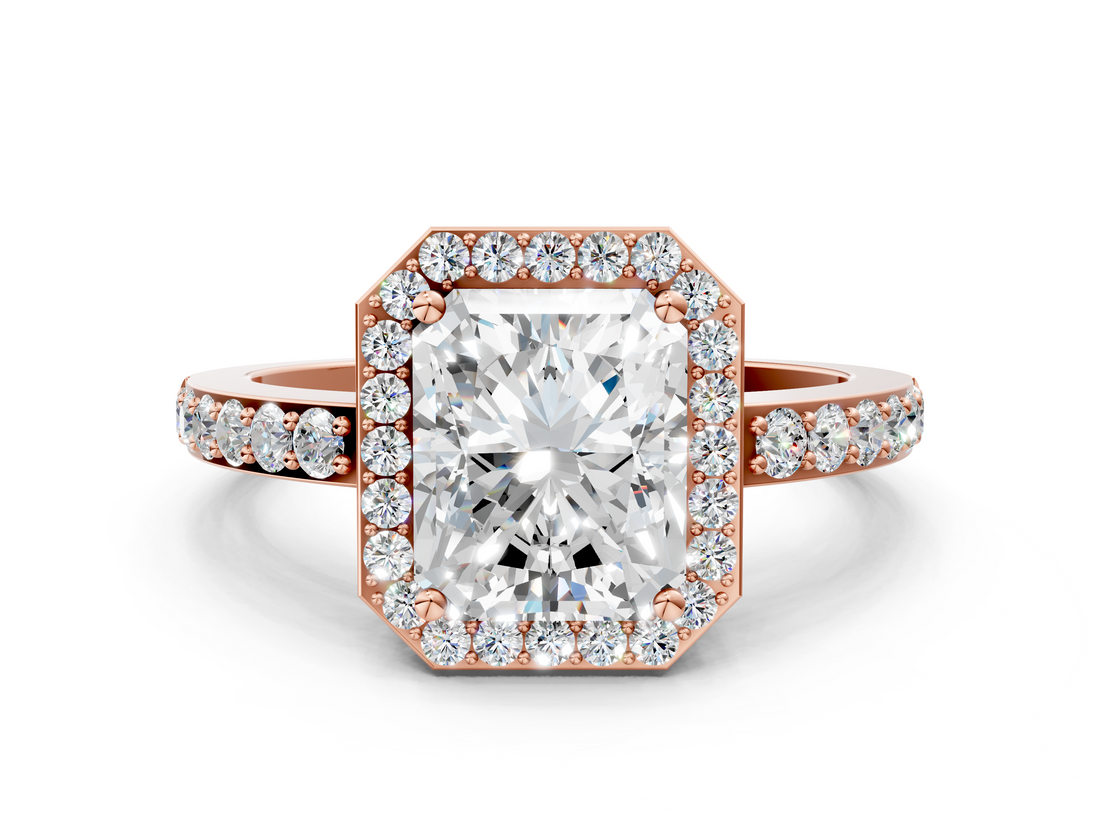 Rose gold Radiant Halo Diamond Pavé Band Ring with Prong Setting_20