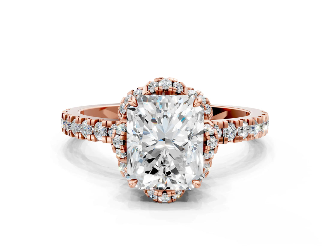 Rose gold Radiant Halo Diamond Pave Band Ring with Four-Prong Setting_15