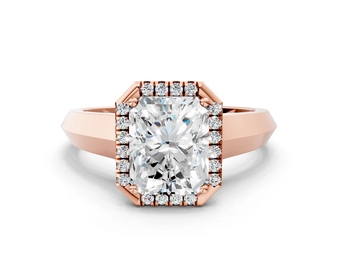 Rose gold Radiant Halo Diamond Ring with Cathedral Band and Four-Prong Setting_61