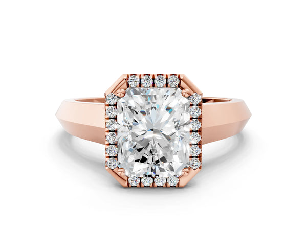 Rose gold Radiant Halo Diamond Ring with Cathedral Band and Four-Prong Setting