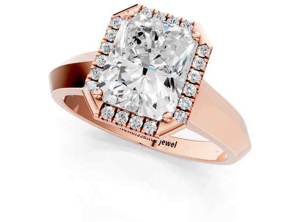 Rose gold Radiant Halo Diamond Ring with Cathedral Band and Four-Prong Setting