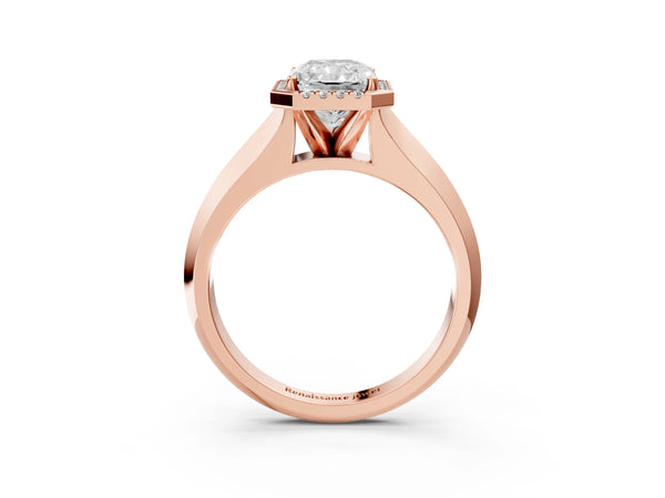 Rose gold Radiant Halo Diamond Ring with Cathedral Band and Four-Prong Setting