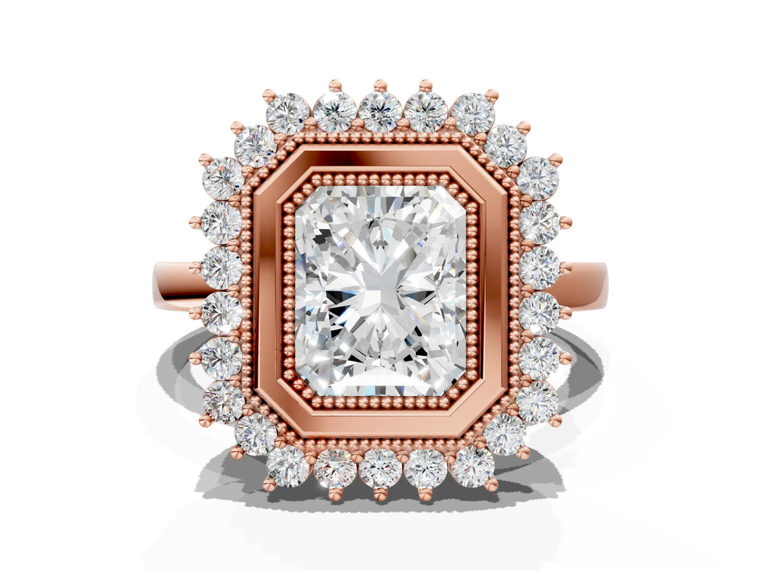 Rose gold Radiant Halo Diamond Ring with Milgrain Edge and Round Prong Setting_26