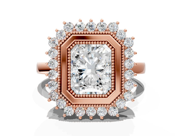 Rose gold Radiant Halo Diamond Ring with Milgrain Edge and Round Prong Setting